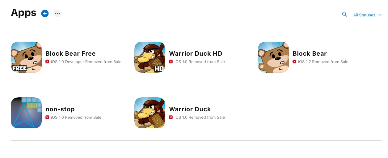 App Store Connect showing all apps removed from sale