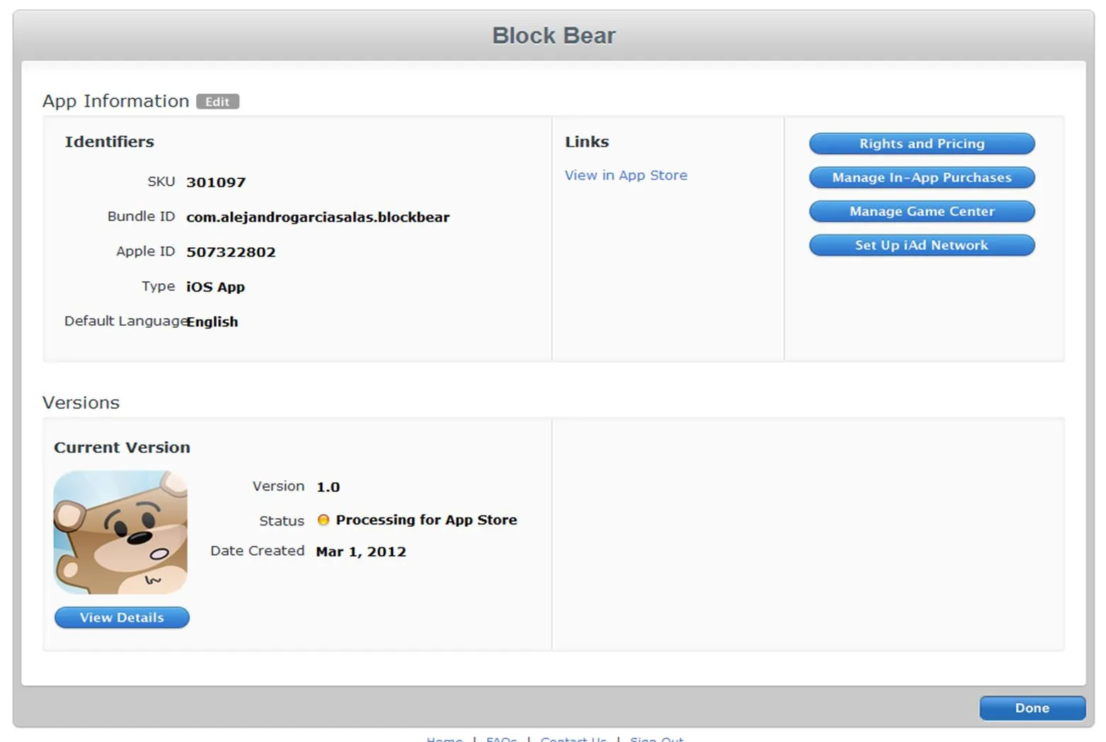 Block Bear's first submission on iTunes Connect, March 2012