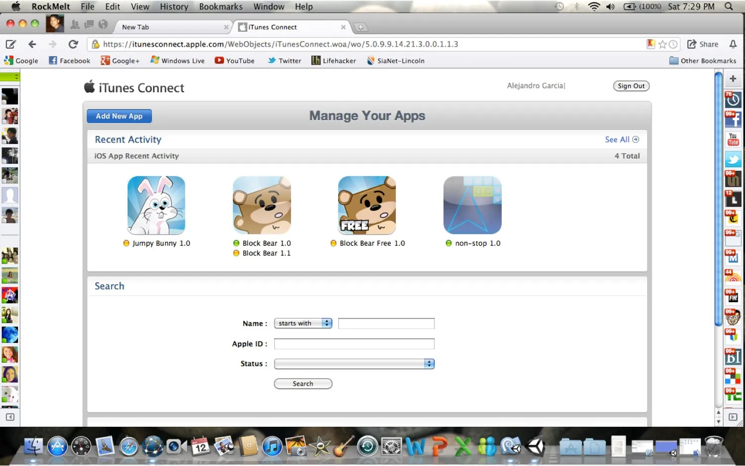 iTunes Connect dashboard in RockMelt browser showing all 4 apps