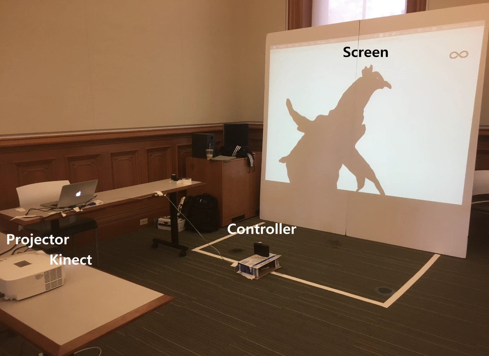 Setup of Shadow Play requires enough space to place projector, Kinect, and object activity area
