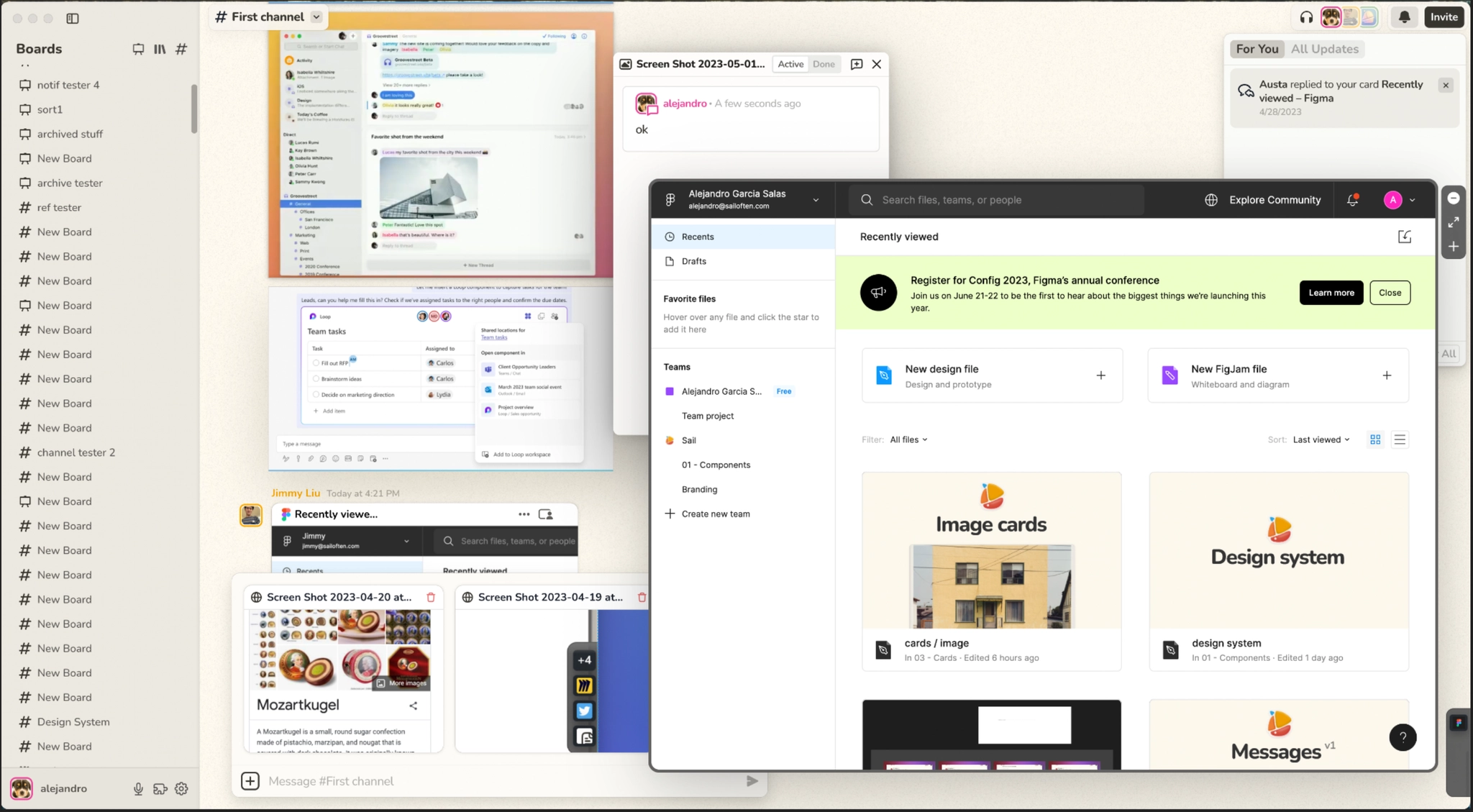 The multiverse project — chat, canvas, embedded websites, Figma, and multiple board types all running at once