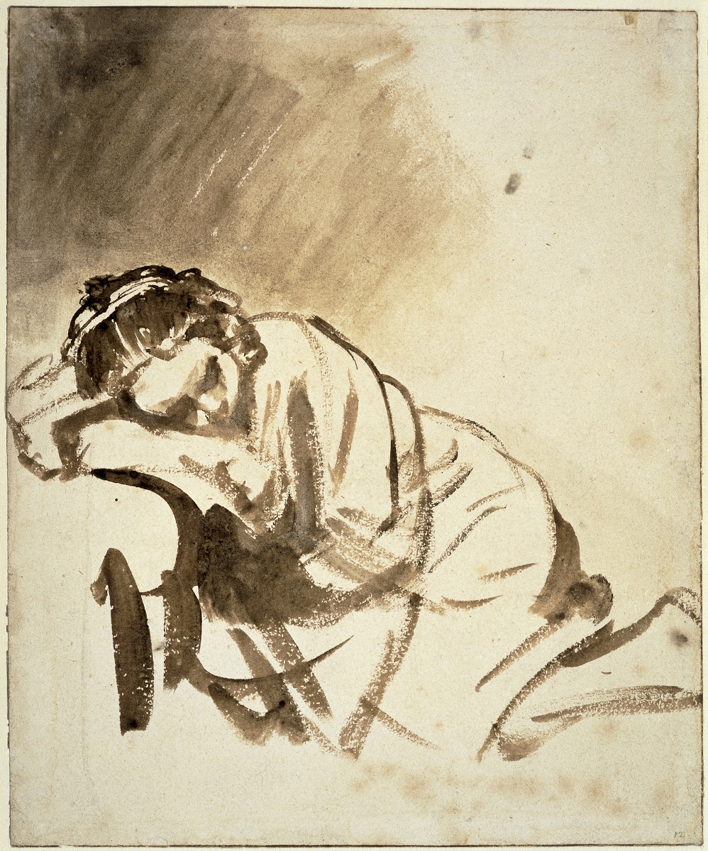 Rembrandt, Young Woman Sleeping, c. 1654 — brush and brown wash on paper